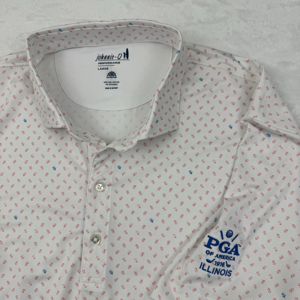 Johnnie-O Performance Polo Shirt Mens Large White Floral PGA Illinois UPF 50